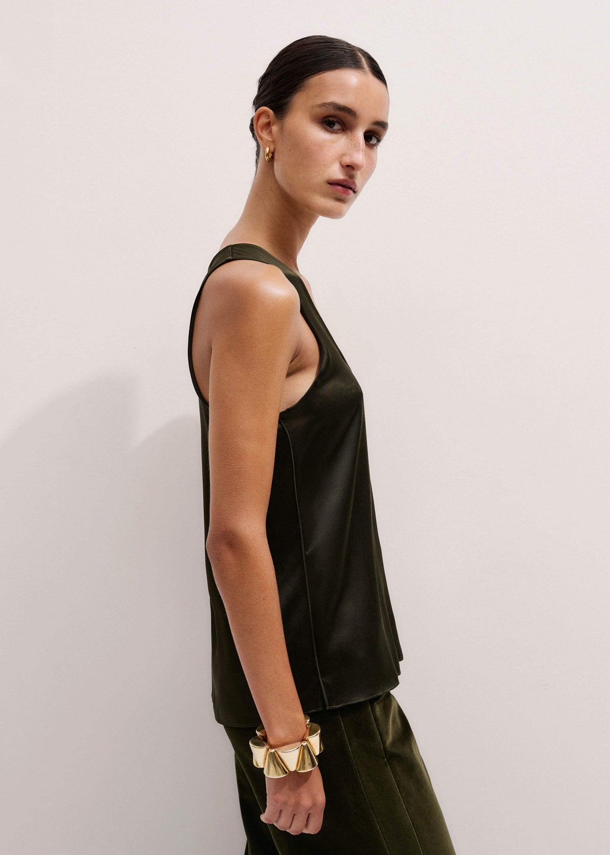 Olive Green Silk Satin Evening Tank Top | ME+EM Clothing