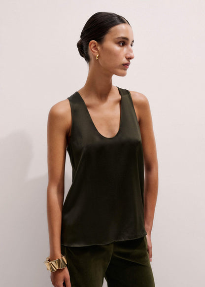 Olive Green Silk Satin Evening Tank Top | ME+EM Clothing