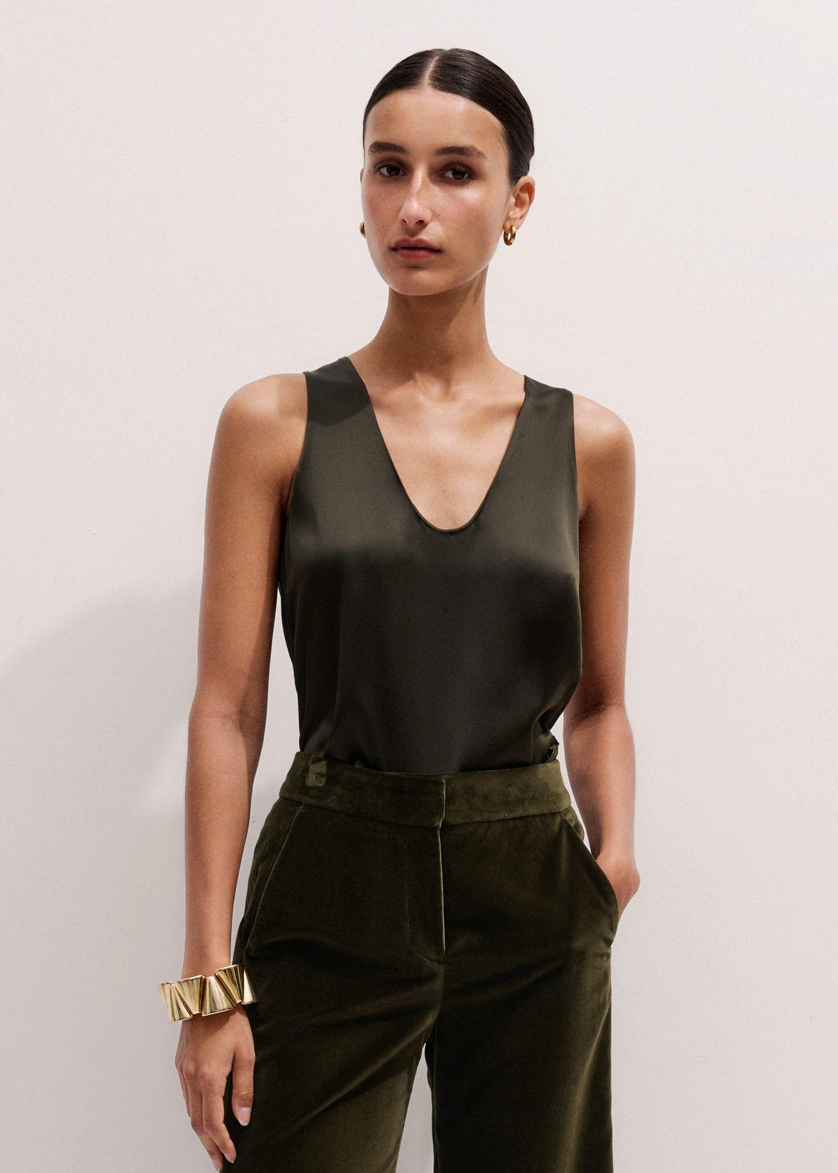 Olive Green Silk Satin Evening Tank Top | ME+EM Clothing