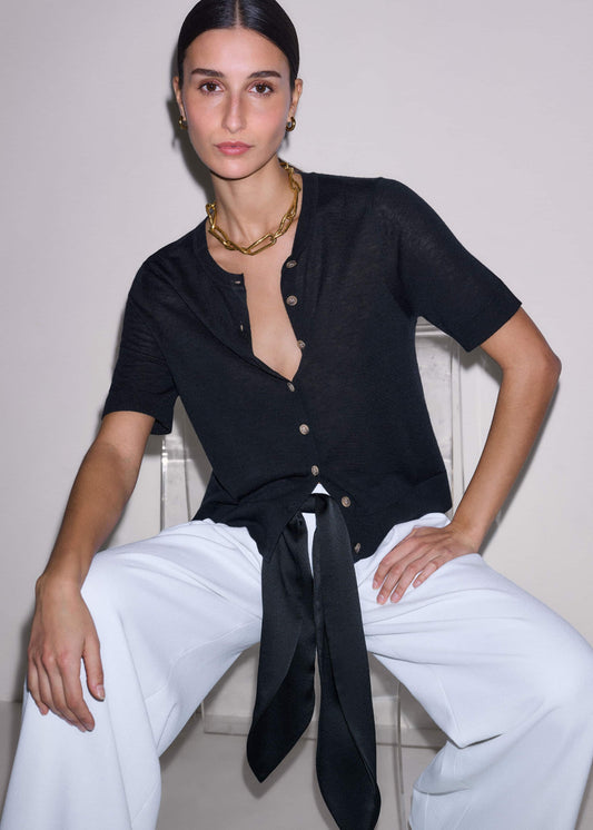 Black Merino Cashmere Barely There Buttoned Knit Tee | ME+EM Clothing