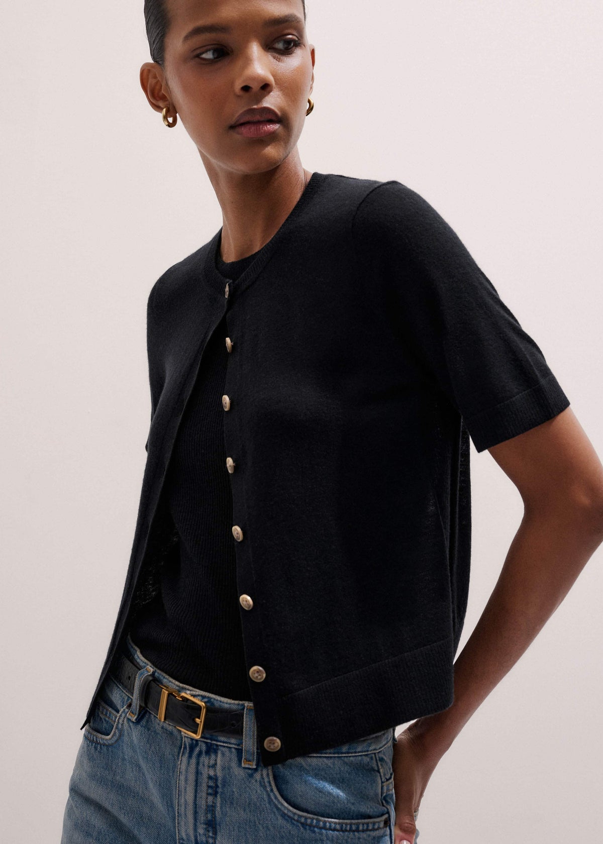 Black Merino Cashmere Barely There Buttoned Knit Tee | ME+EM Clothing