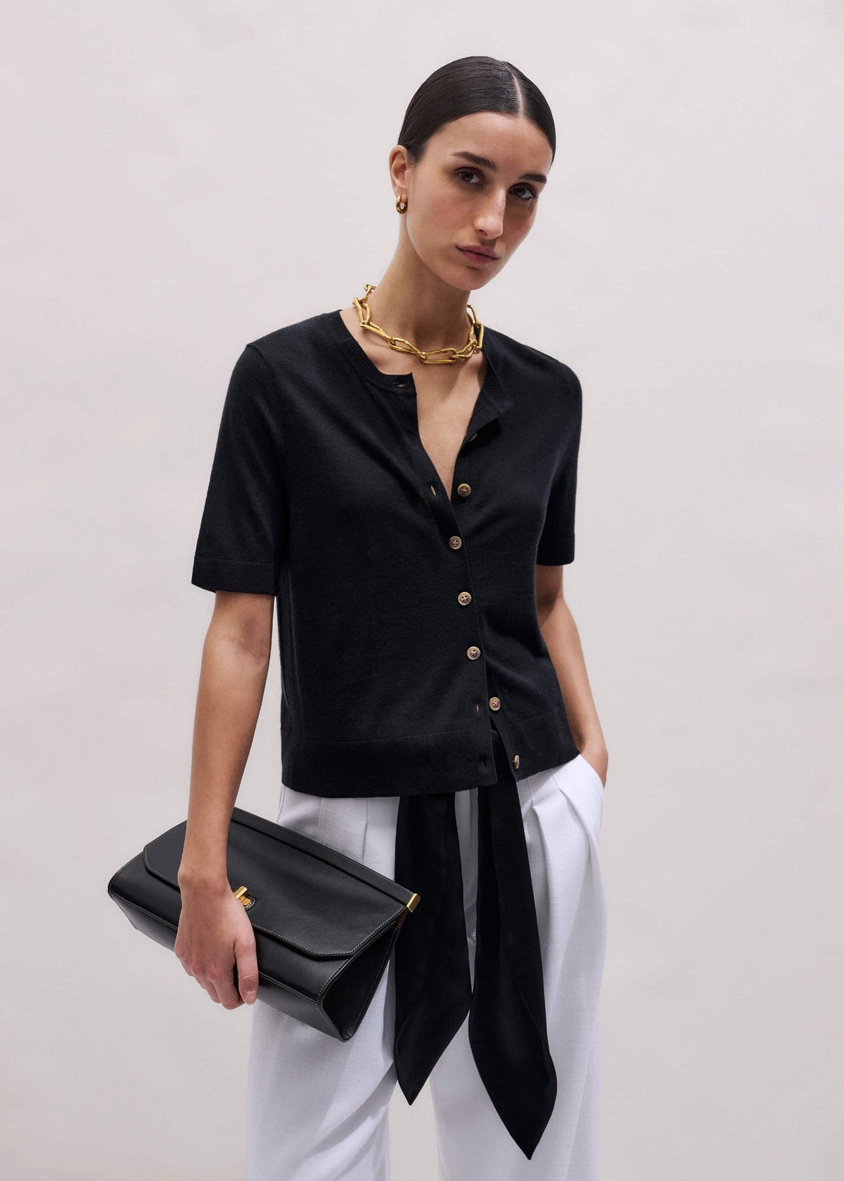 Black Merino Cashmere Barely There Buttoned Knit Tee | ME+EM Clothing