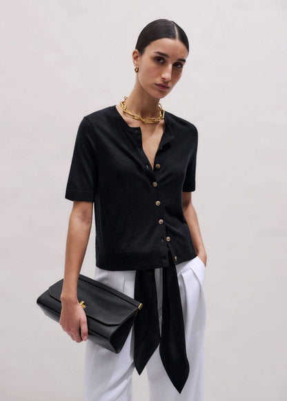 Black Merino Cashmere Barely There Buttoned Knit Tee | ME+EM Clothing