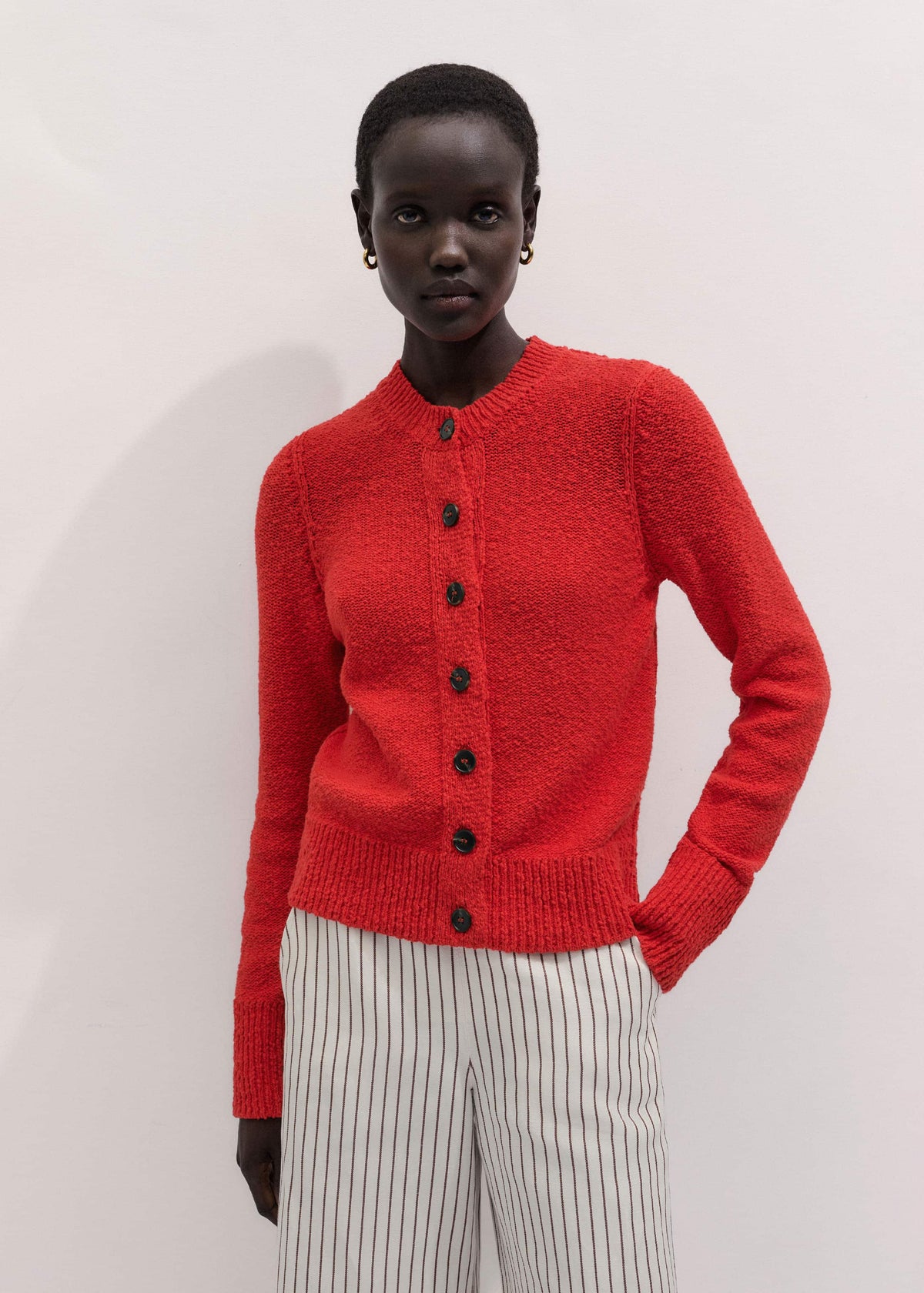 Red Bouclé Straight Knit Cardigan | ME+EM Clothing