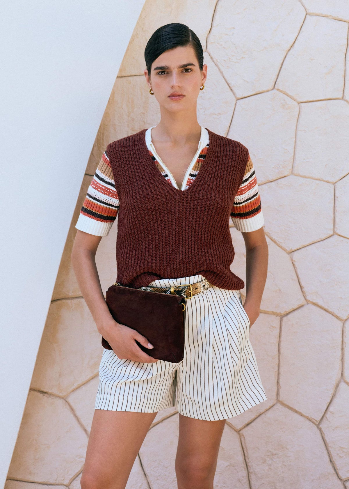 Cinnamon Brown Double Zip Knit Tee | ME+EM Clothing