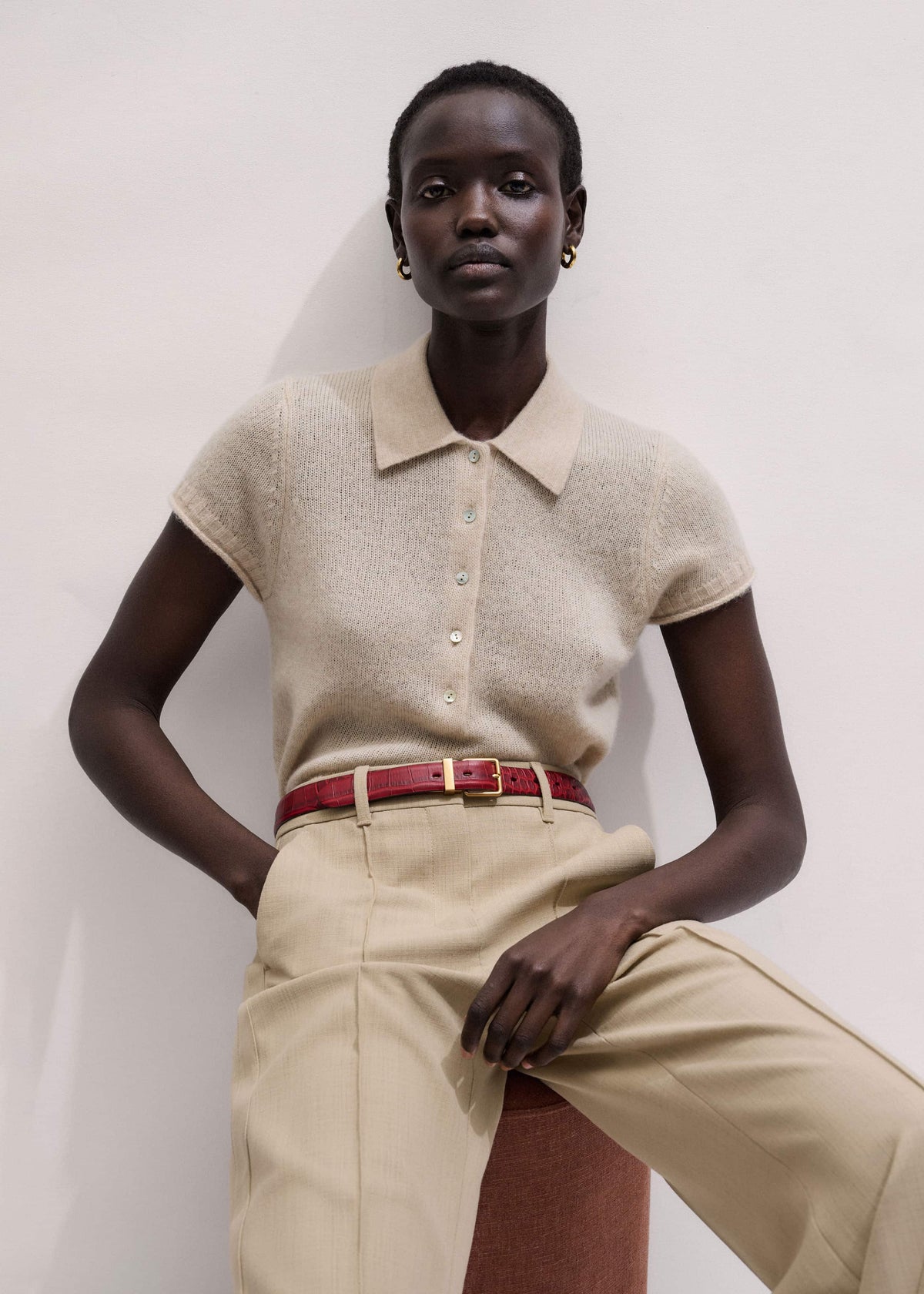 Oatmeal Merino Cashmere Silk Straight Polo Tee | ME+EM Clothing