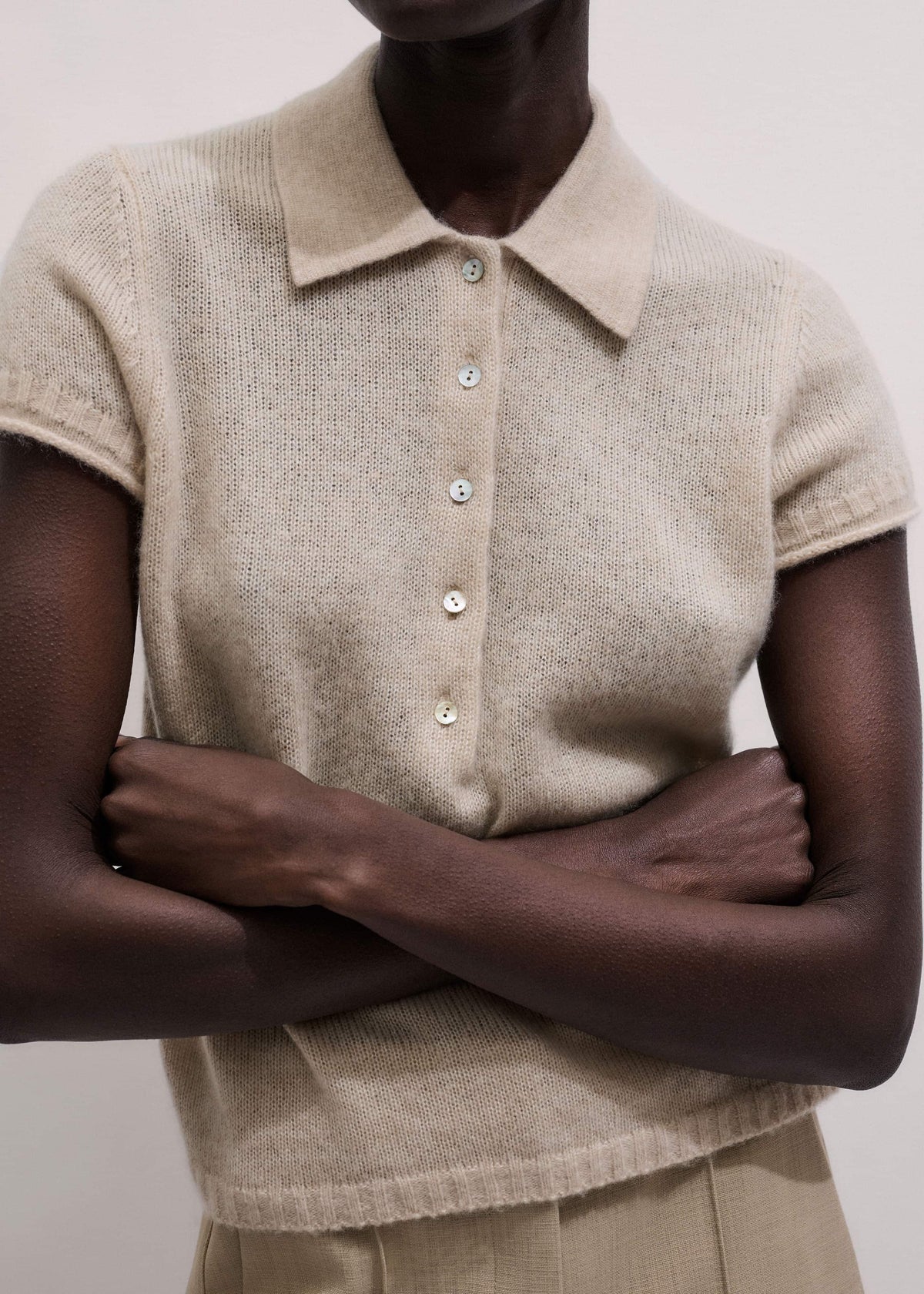 Oatmeal Merino Cashmere Silk Straight Polo Tee | ME+EM Clothing