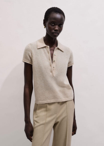 Oatmeal Merino Cashmere Silk Straight Polo Tee | ME+EM Clothing