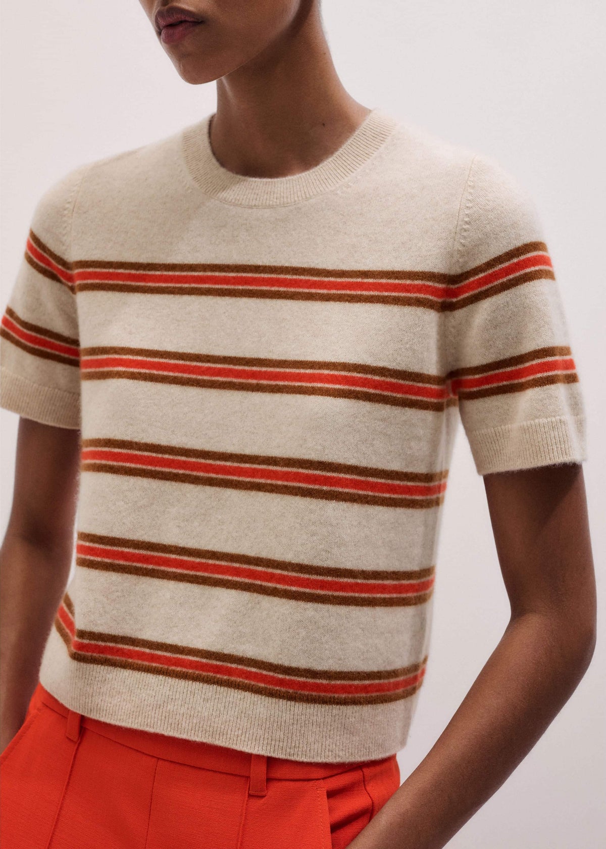 Cream Cashmere Stripe Crop Knit Tee | ME+EM Clothing