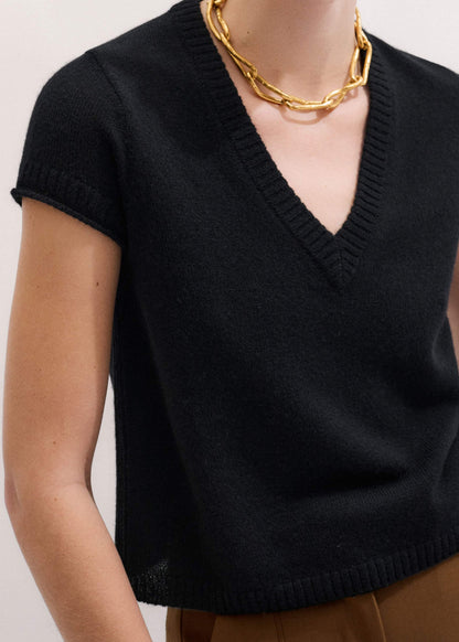 Black Cashmere V-Neck Shrunken Baby Tee | ME+EM Clothing