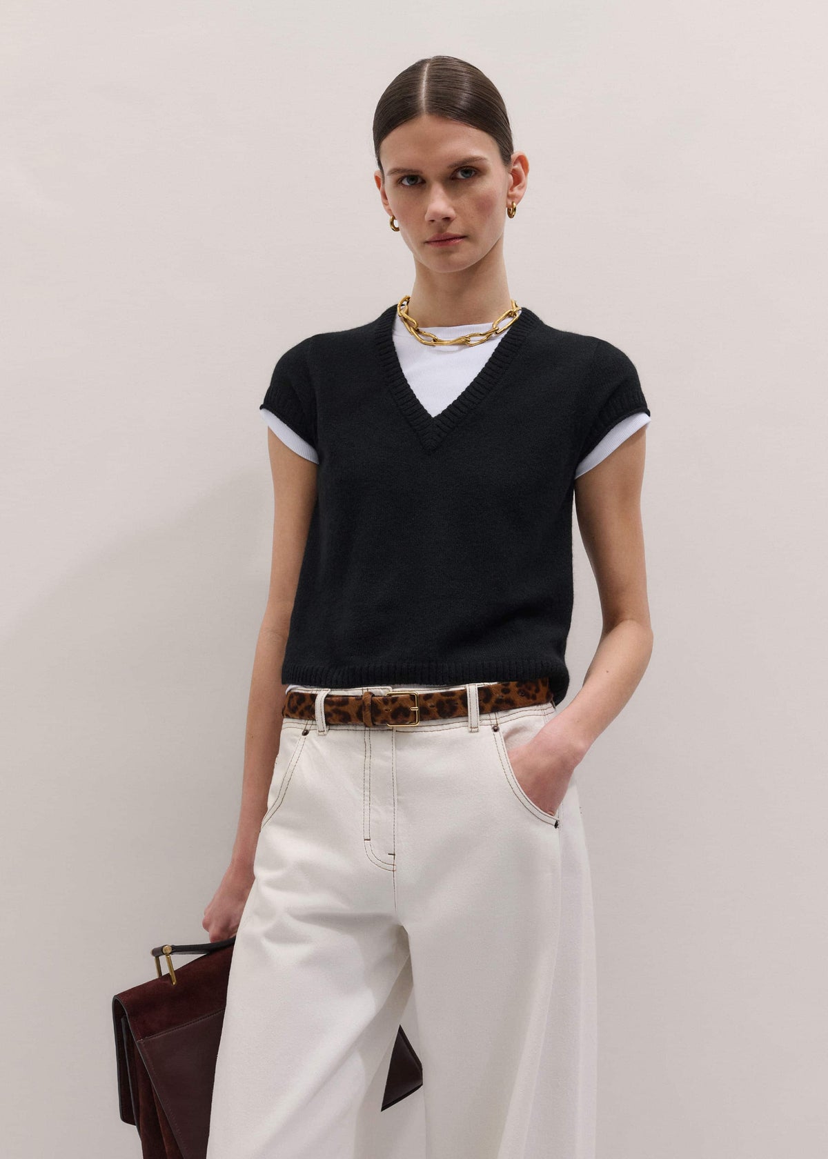 Black Cashmere V-Neck Shrunken Baby Tee | ME+EM Clothing