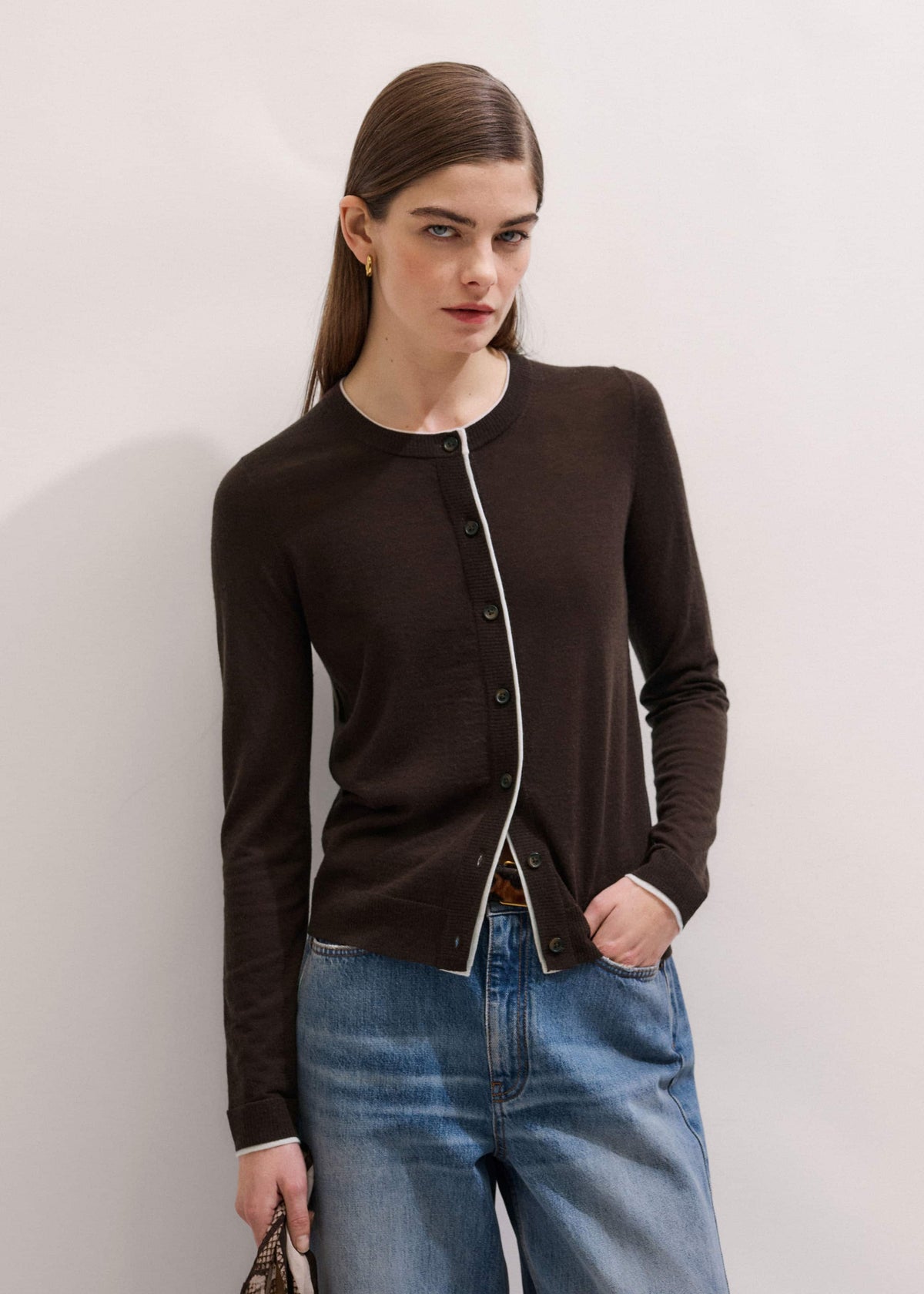 Brown Barely There Contrast Slim Cardigan | ME+EM Clothing
