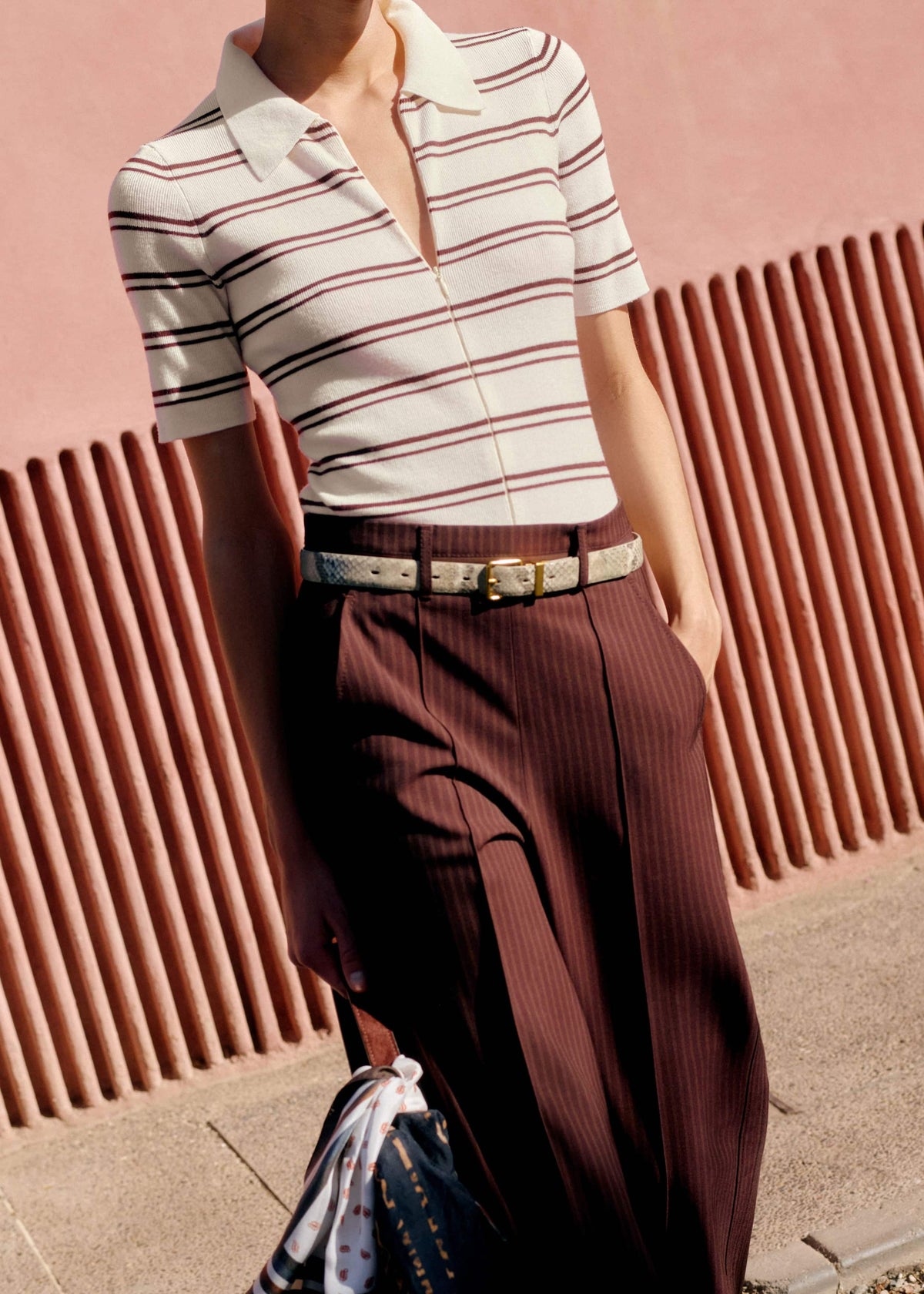 Cream Two-Way Zip Stripe Slim Tee | ME+EM Clothing
