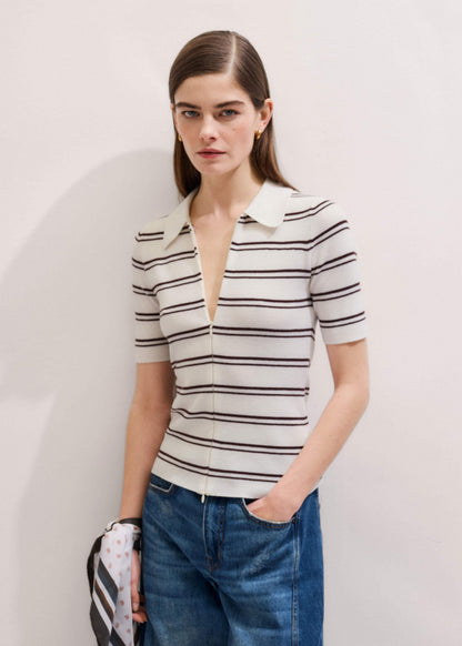 Cream Two-Way Zip Stripe Slim Tee | ME+EM Clothing