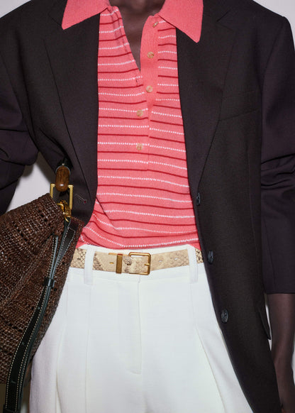 Pink Textured Stripe Straight Sporty Smart Polo Tee | ME+EM Clothing