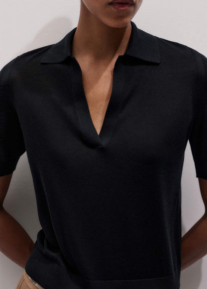Black Silk Slim Knit Polo Tee | ME+EM Clothing