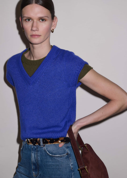 Blue Merino Cashmere Silk V-Neck Baby Tee | ME+EM Clothing