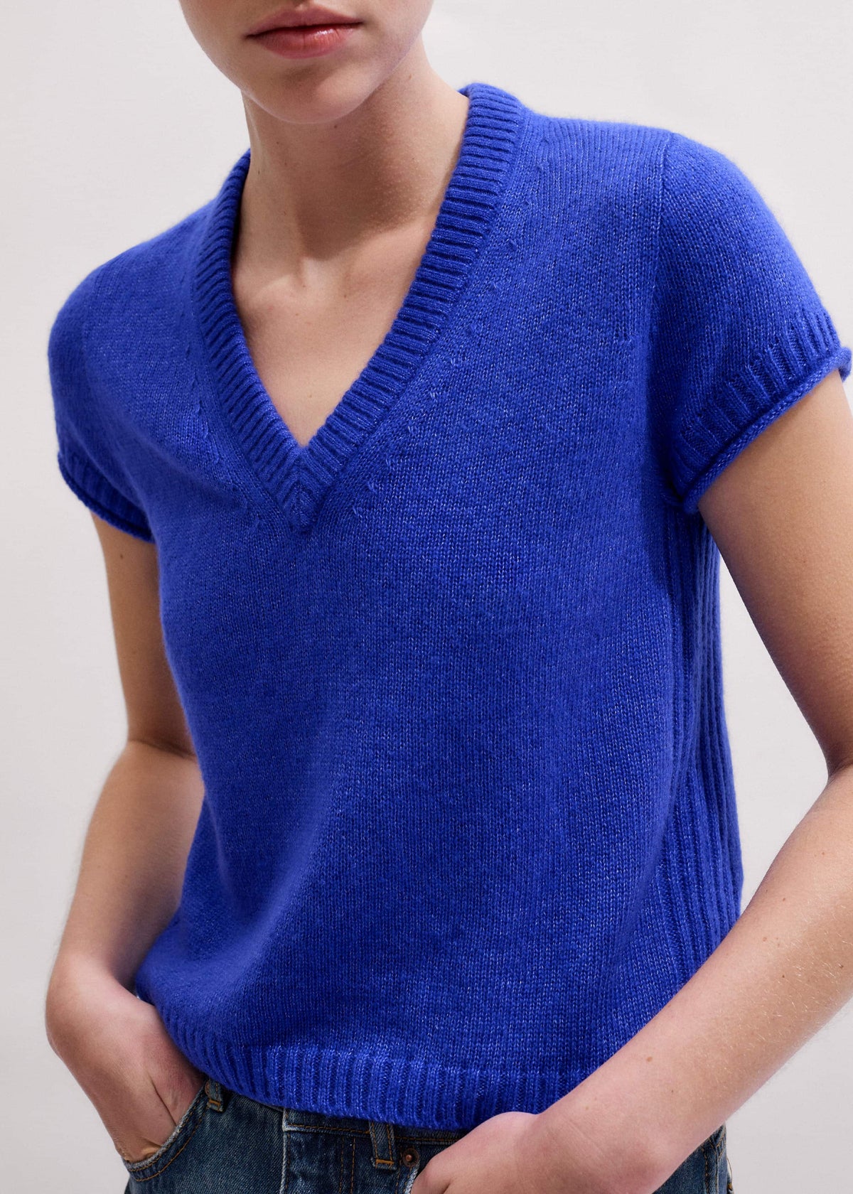 Blue Merino Cashmere Silk V-Neck Baby Tee | ME+EM Clothing