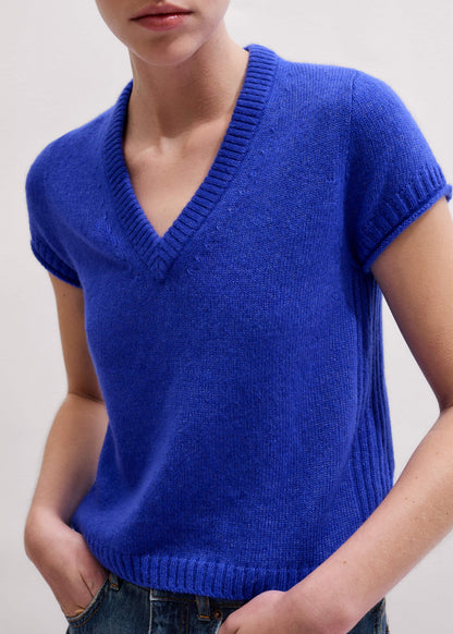 Blue Merino Cashmere Silk V-Neck Baby Tee | ME+EM Clothing