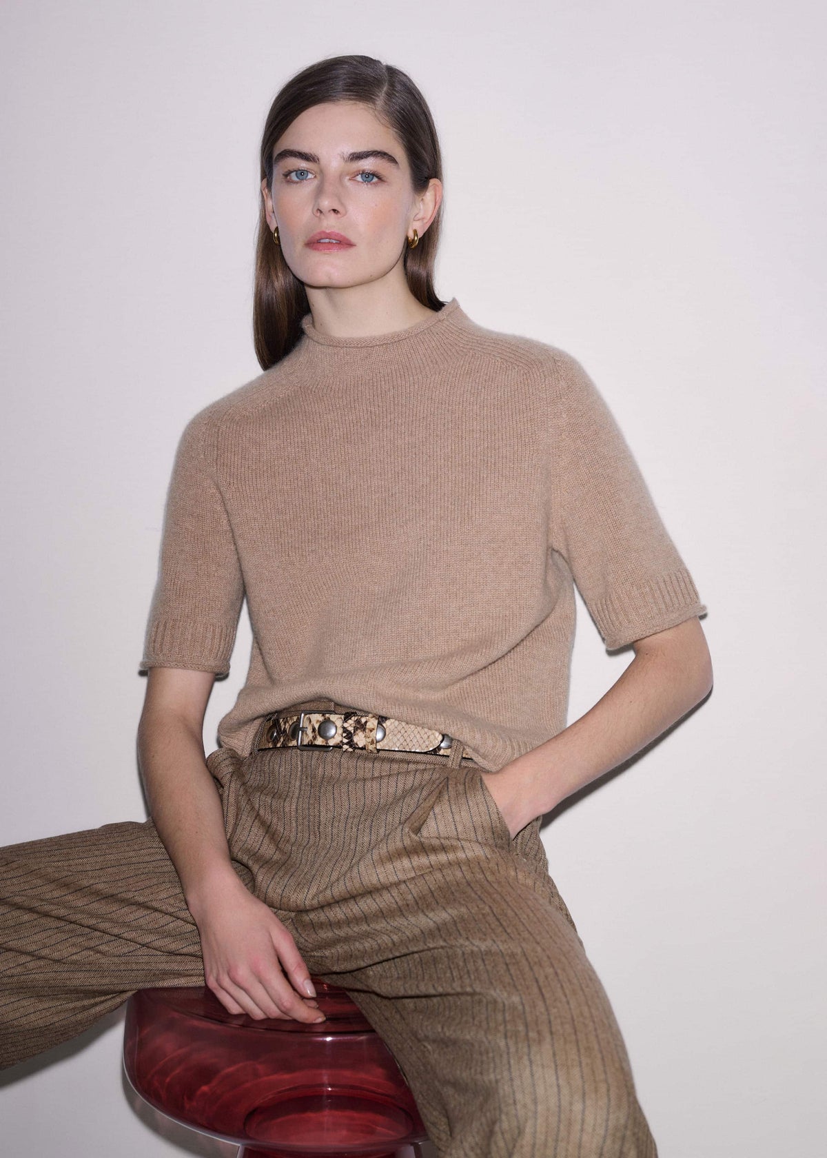 Brown Cashmere Roll Trim Knit Tee | ME+EM Clothing
