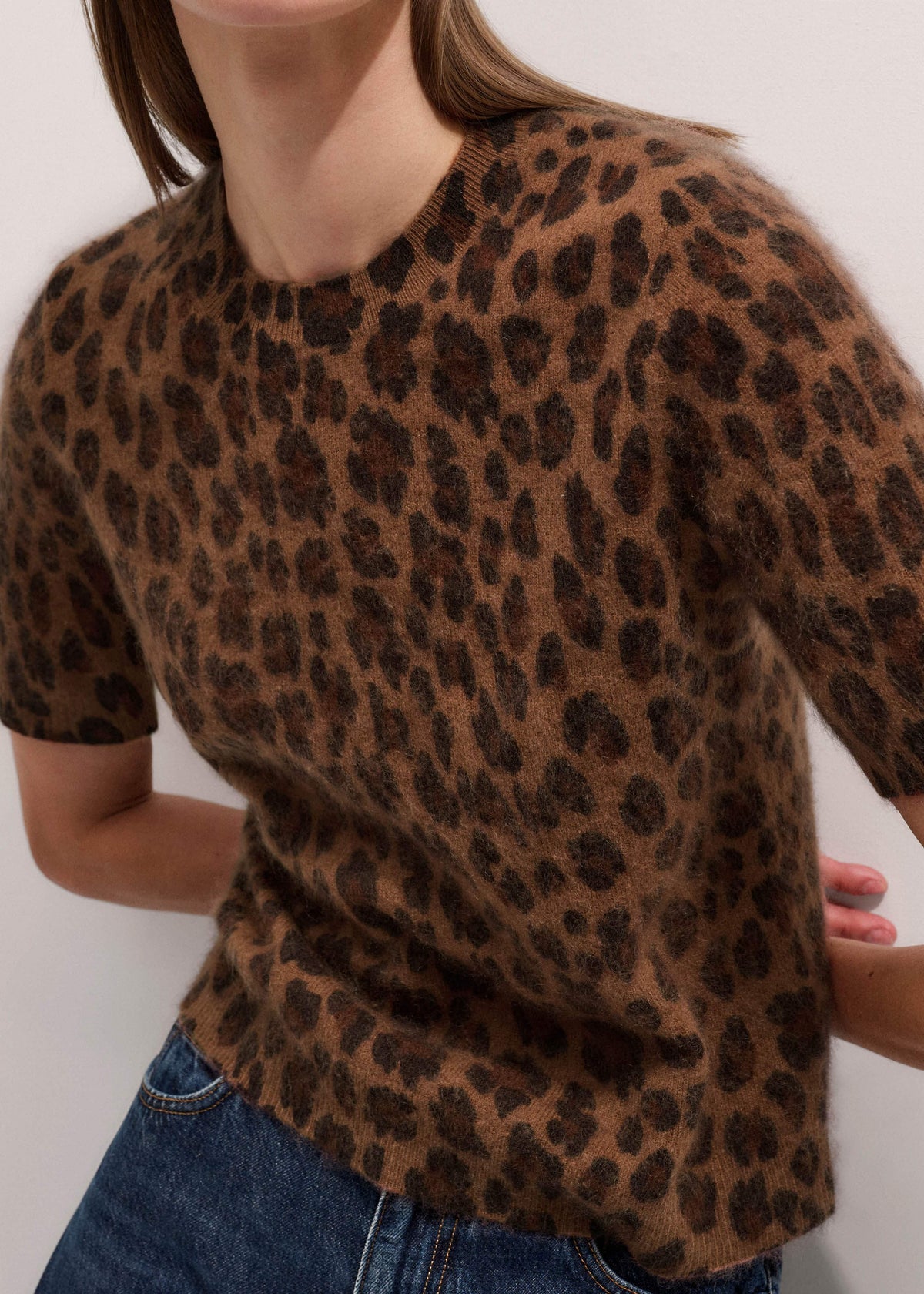 Brown Merino Cashmere Leopard Print Straight Knit Tee | ME+EM Clothing
