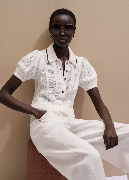 Cream Pointelle Pouf Sleeve Sporty Smart Polo Top | ME+EM Clothing