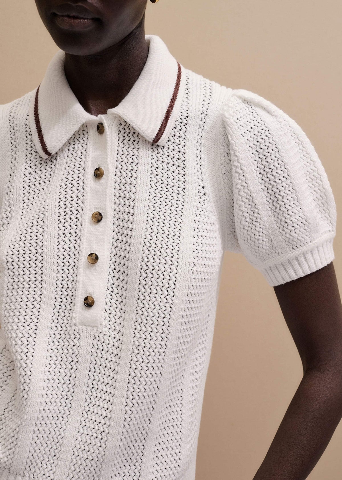 Cream Pointelle Pouf Sleeve Sporty Smart Polo Top | ME+EM Clothing