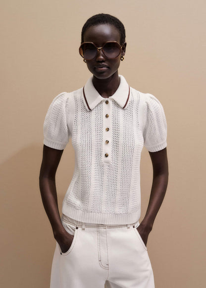 Cream Pointelle Pouf Sleeve Sporty Smart Polo Top | ME+EM Clothing