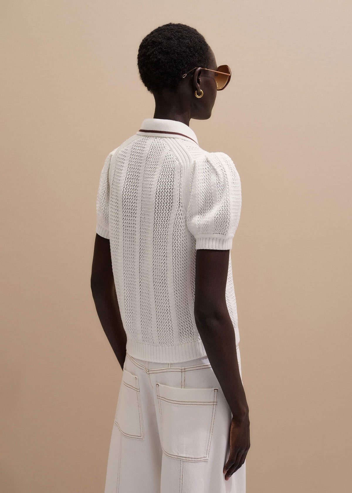Cream Pointelle Pouf Sleeve Sporty Smart Polo Top | ME+EM Clothing