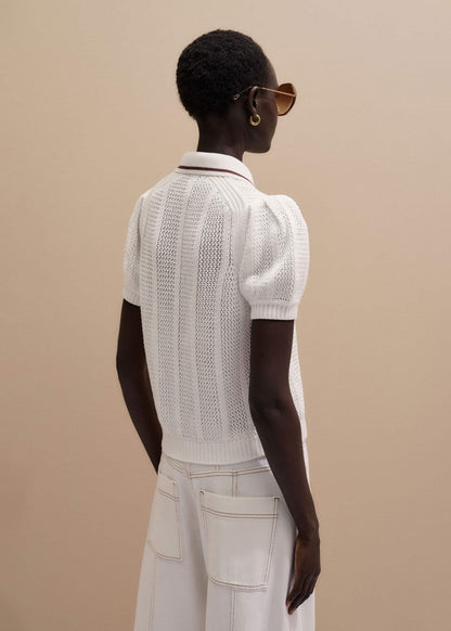 Cream Pointelle Pouf Sleeve Sporty Smart Polo Top | ME+EM Clothing