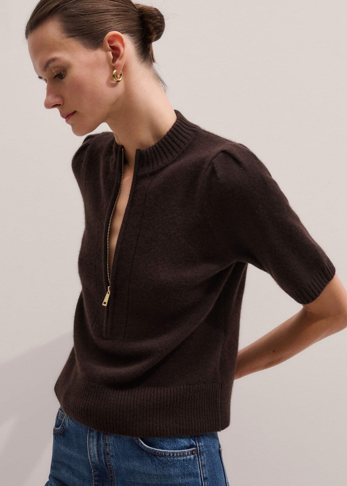 Brown Cashmere Zip Neck Pouf Sleeve Knit Tee | ME+EM Clothing