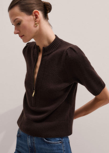 Brown Cashmere Zip Neck Pouf Sleeve Knit Tee | ME+EM Clothing