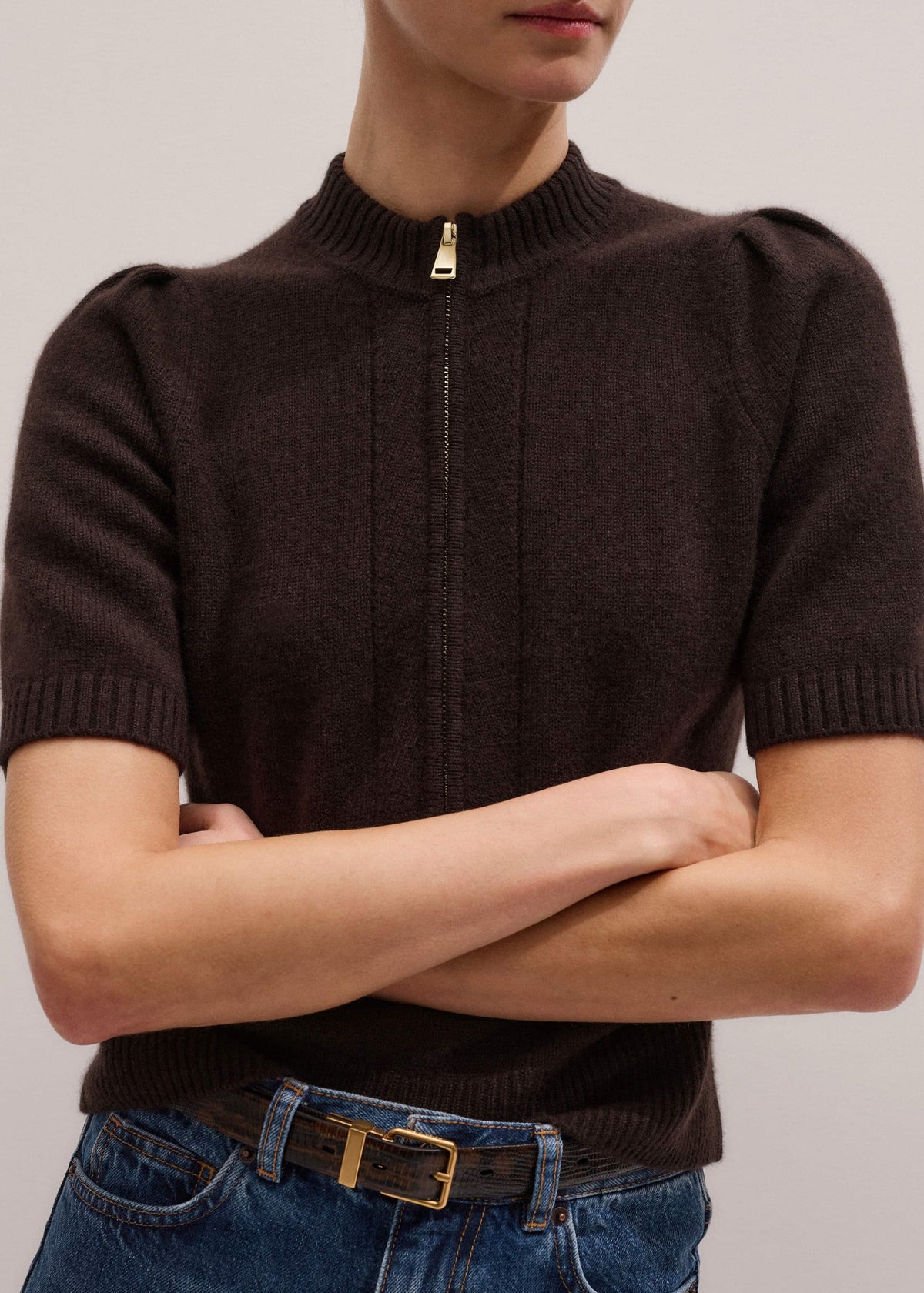 Brown Cashmere Zip Neck Pouf Sleeve Knit Tee | ME+EM Clothing