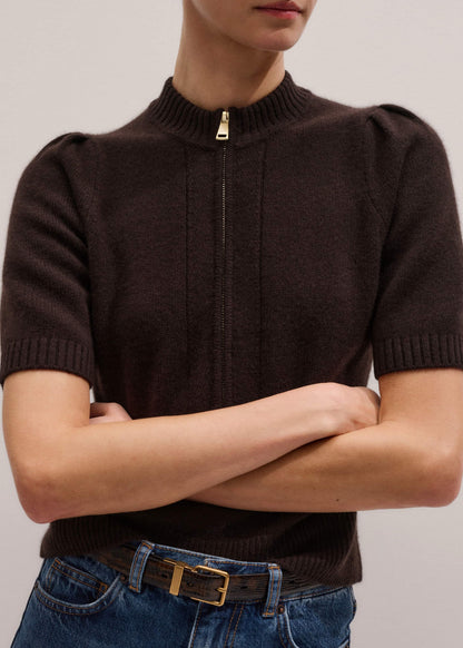 Brown Cashmere Zip Neck Pouf Sleeve Knit Tee | ME+EM Clothing
