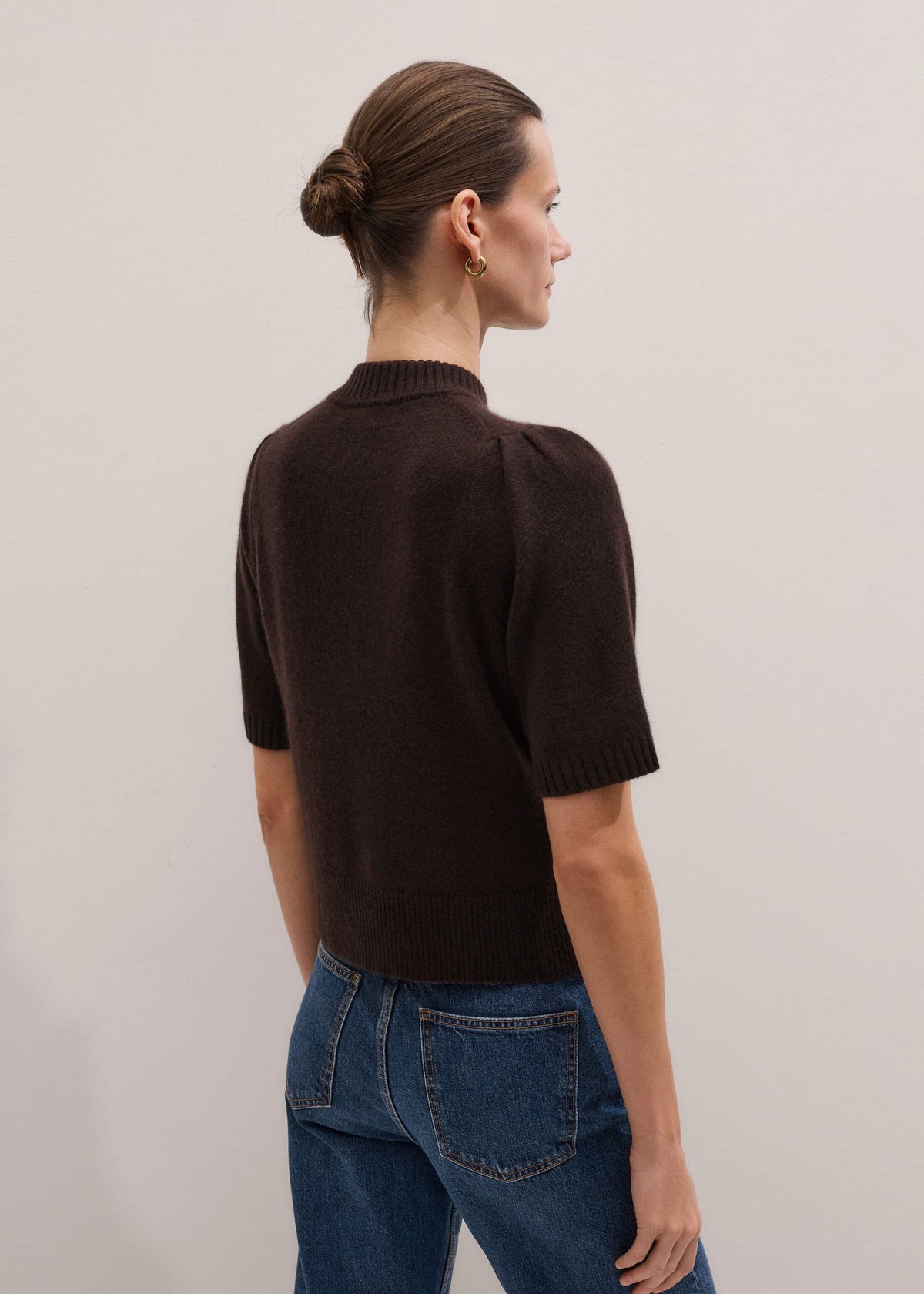 Brown Cashmere Zip Neck Pouf Sleeve Knit Tee | ME+EM Clothing