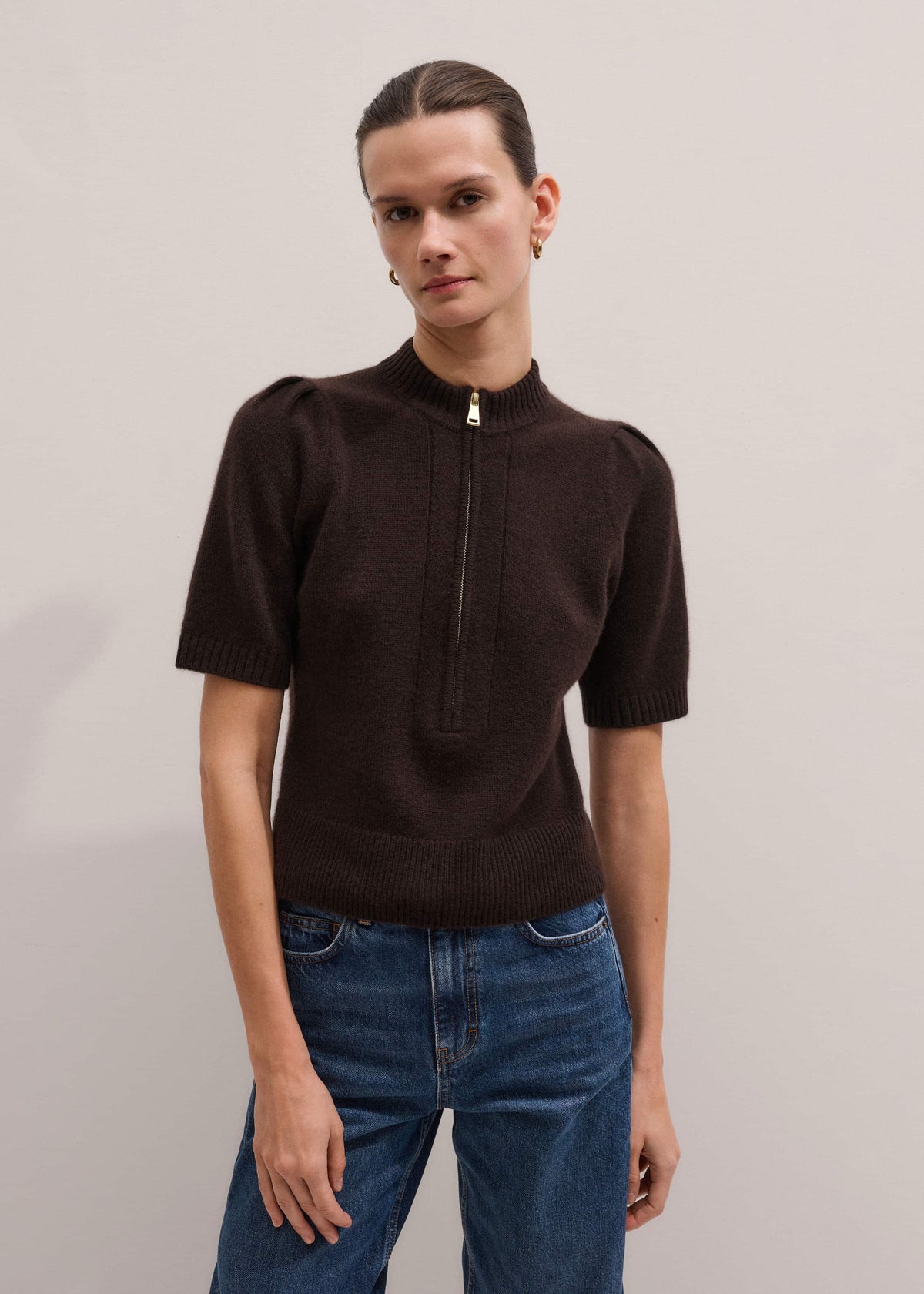 Brown Cashmere Zip Neck Pouf Sleeve Knit Tee | ME+EM Clothing