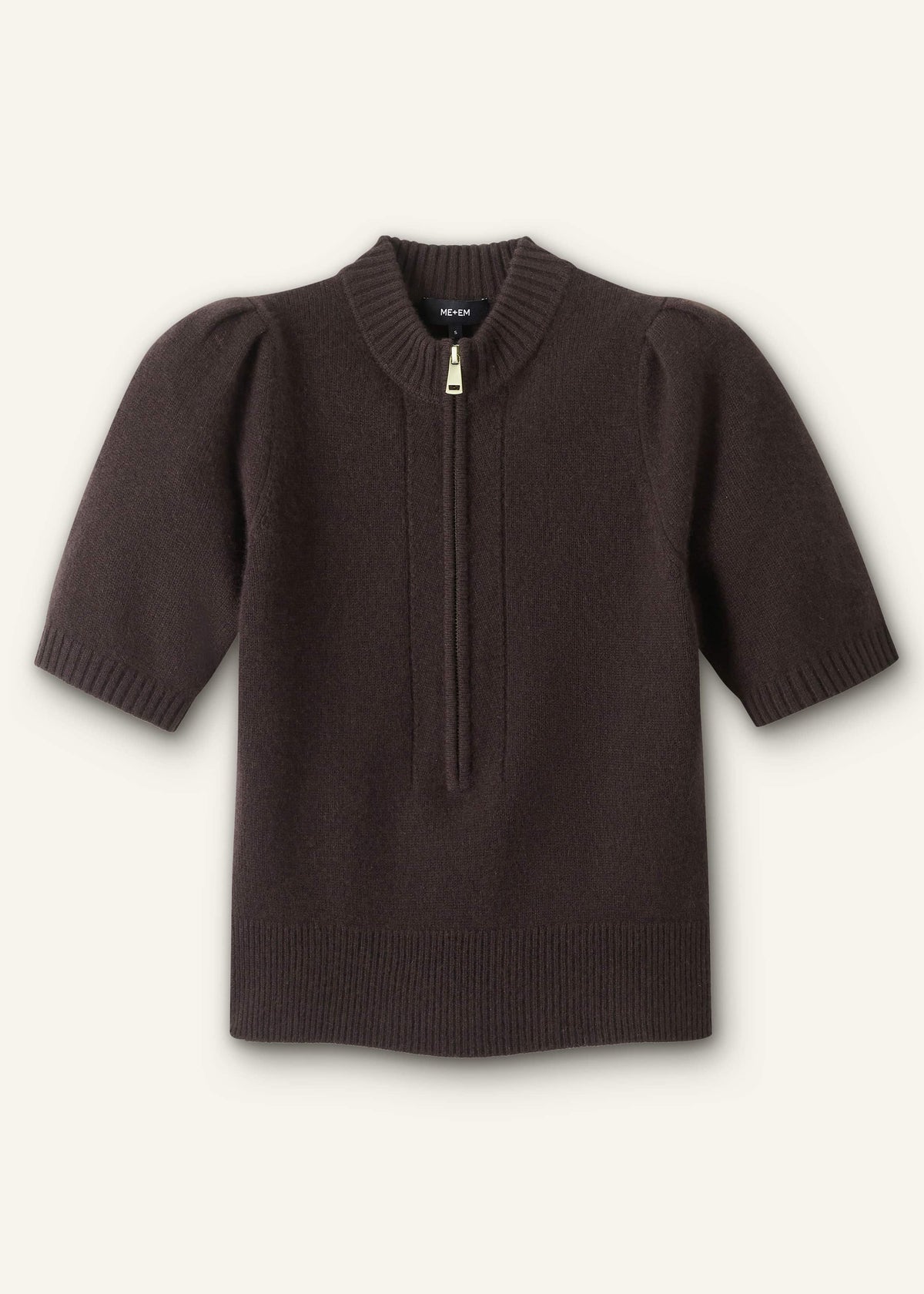 Brown Cashmere Zip Neck Pouf Sleeve Knit Tee | ME+EM Clothing