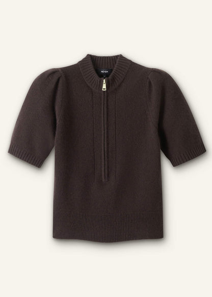 Brown Cashmere Zip Neck Pouf Sleeve Knit Tee | ME+EM Clothing