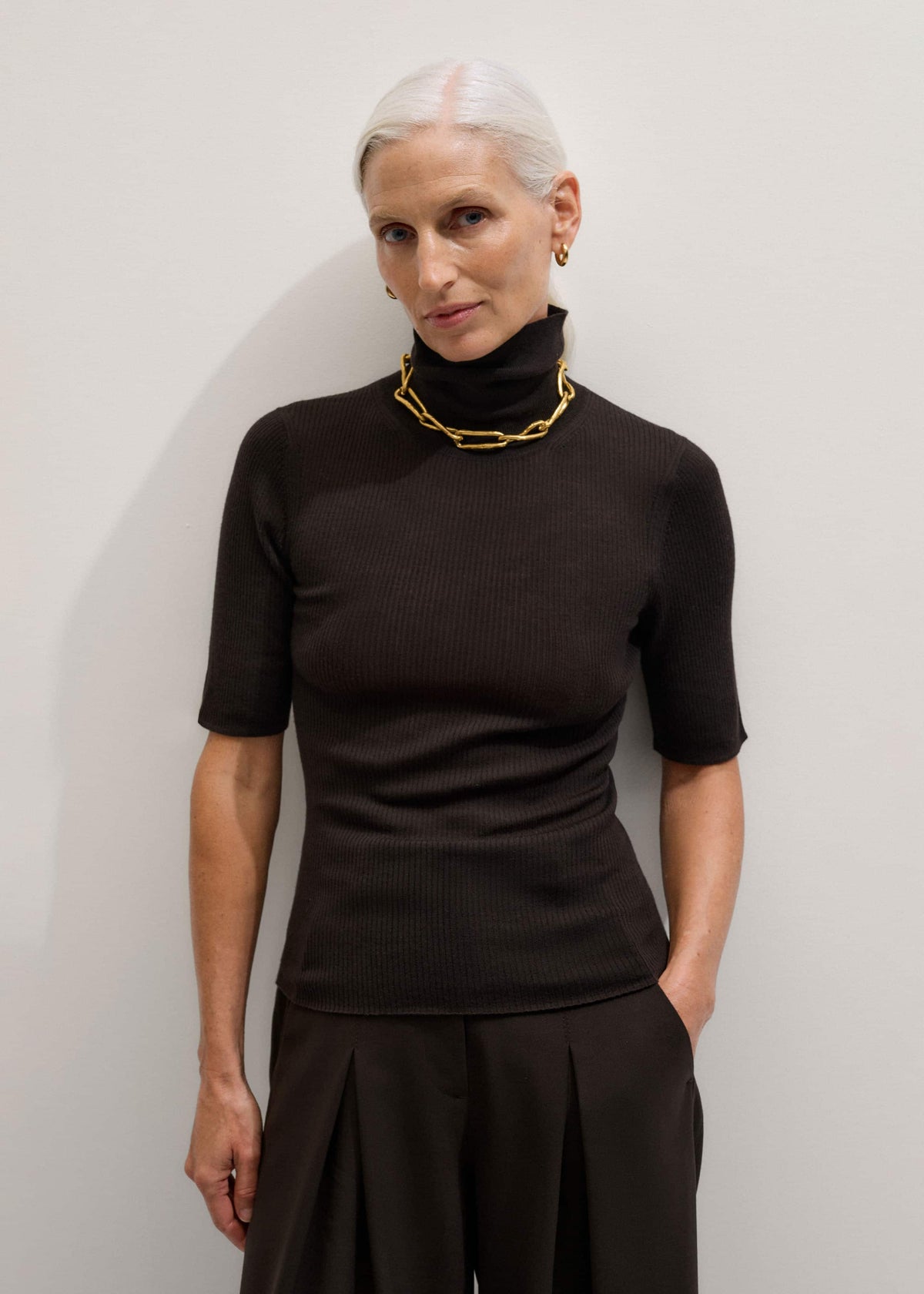 Brown Superfine Ribbed Roll Neck Tee | ME+EM Clothing