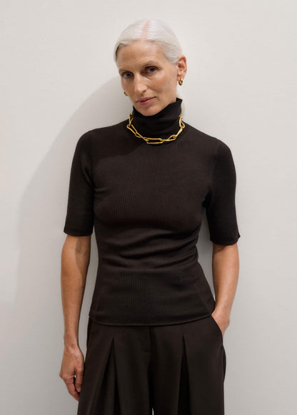 Brown Superfine Ribbed Roll Neck Tee | ME+EM Clothing