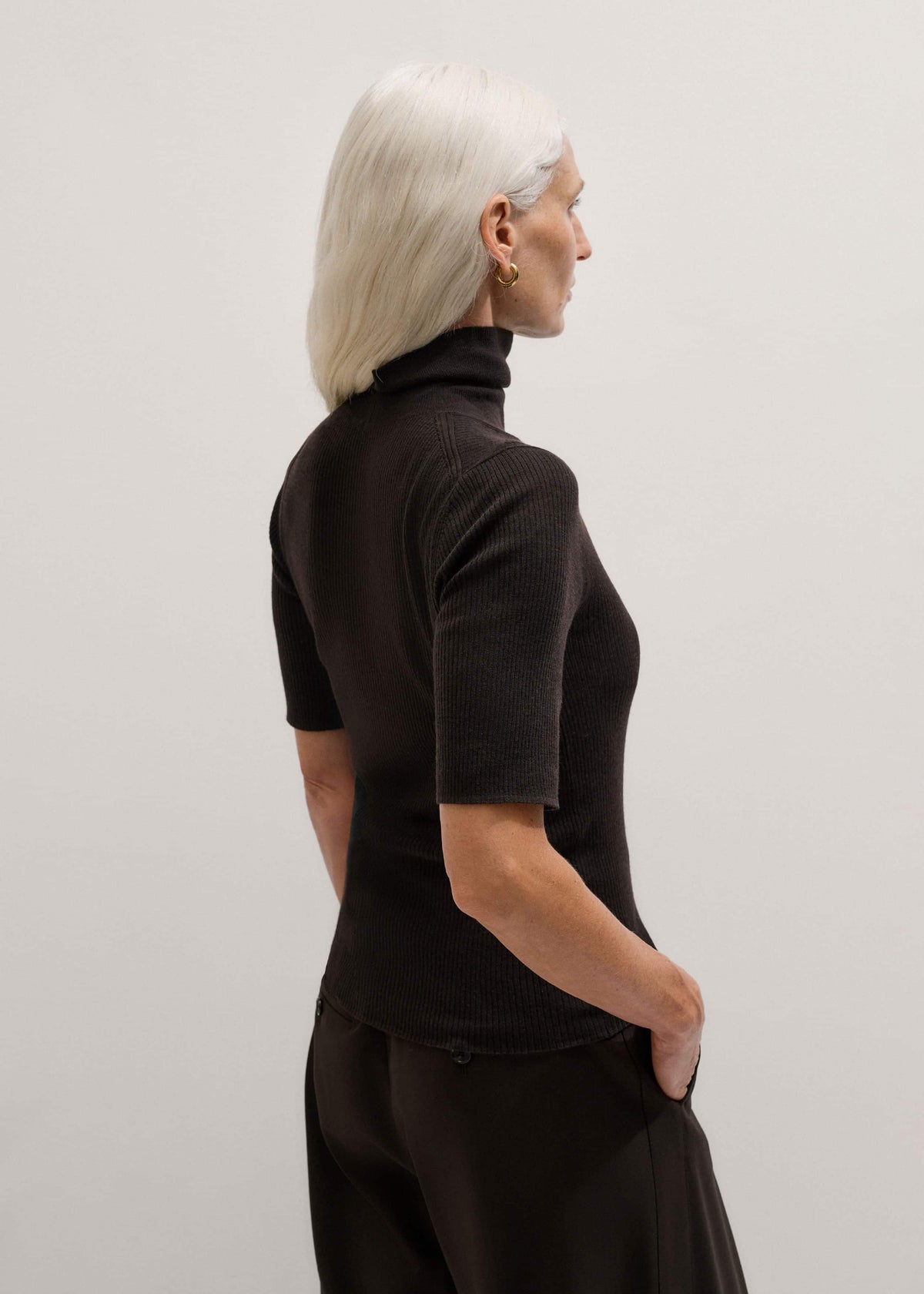 Brown Superfine Ribbed Roll Neck Tee | ME+EM Clothing