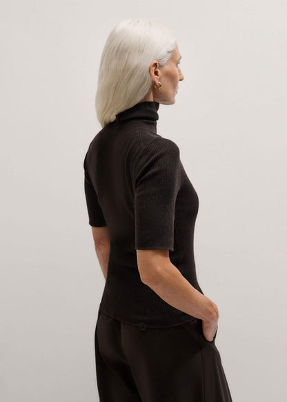 Brown Superfine Ribbed Roll Neck Tee | ME+EM Clothing