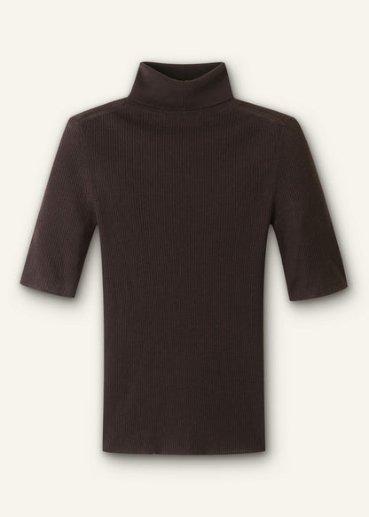 Brown Superfine Ribbed Roll Neck Tee | ME+EM Clothing