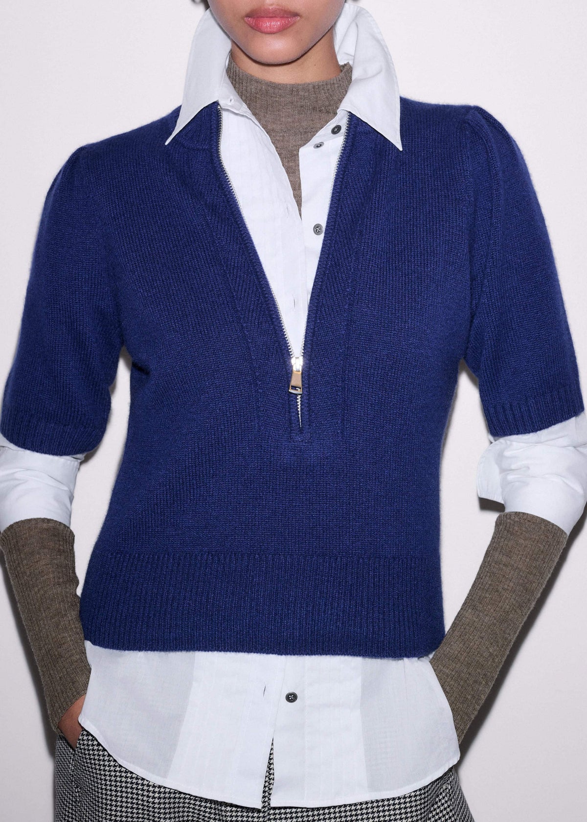 Blue Cashmere Zip Neck Pouf Sleeve Knit Tee | ME+EM Clothing