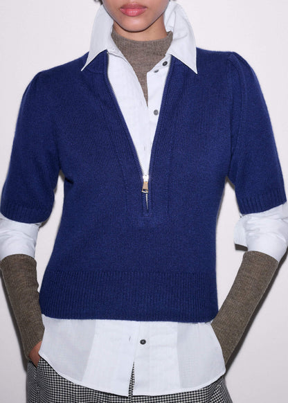 Blue Cashmere Zip Neck Pouf Sleeve Knit Tee | ME+EM Clothing