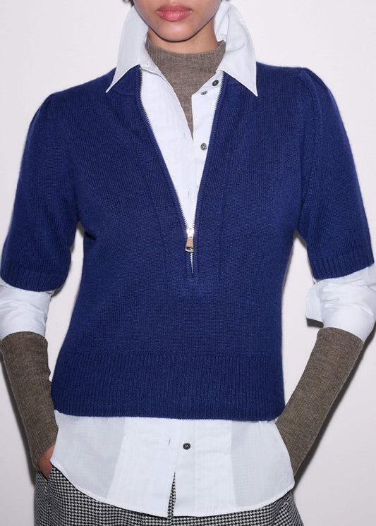 Blue Cashmere Zip Neck Pouf Sleeve Knit Tee | ME+EM Clothing