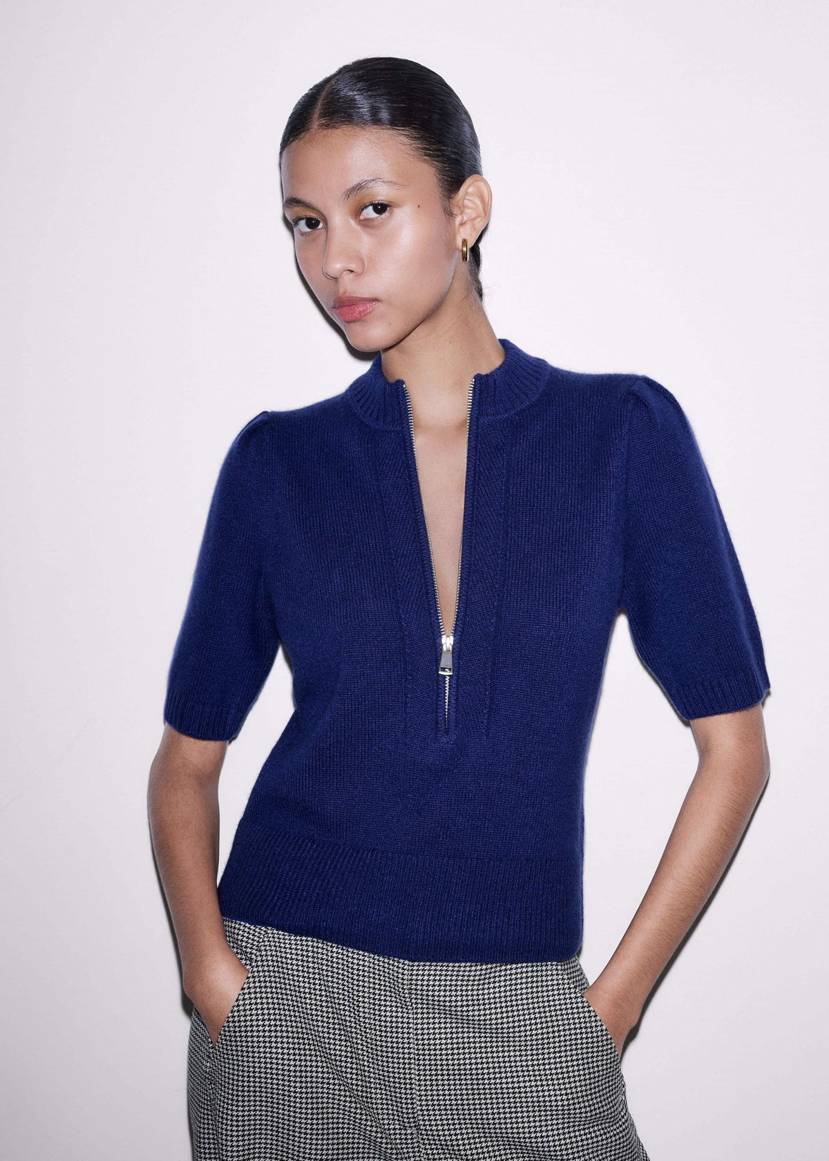 Blue Cashmere Zip Neck Pouf Sleeve Knit Tee | ME+EM Clothing