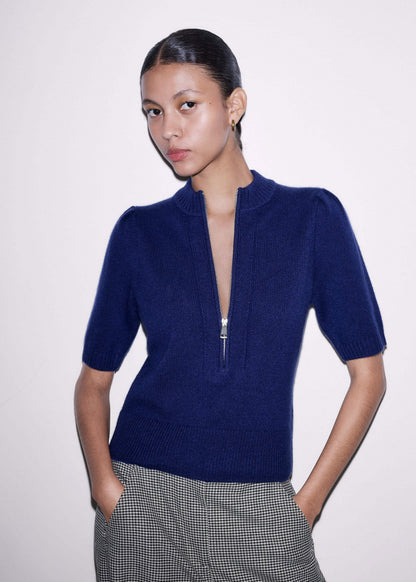 Blue Cashmere Zip Neck Pouf Sleeve Knit Tee | ME+EM Clothing