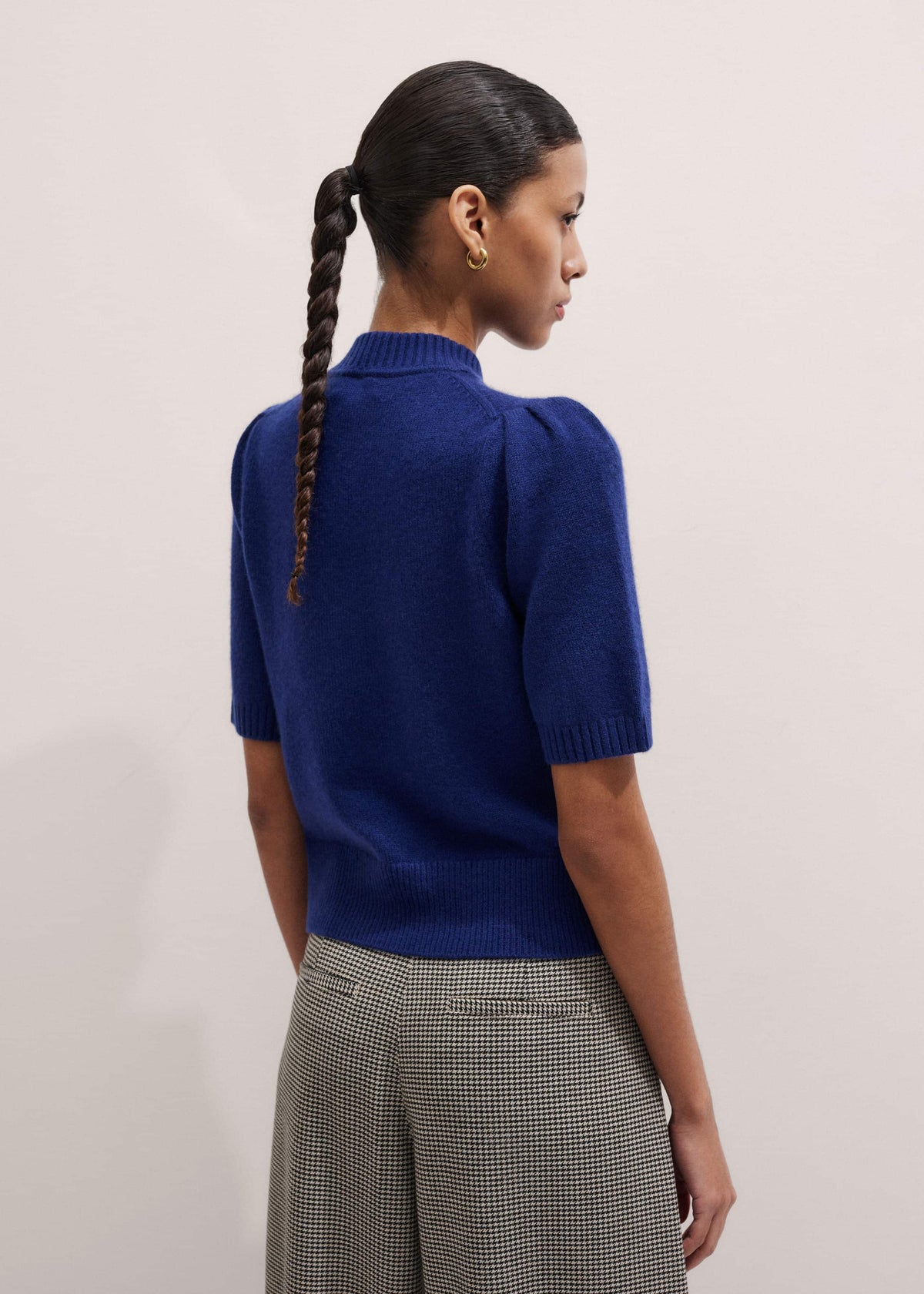Blue Cashmere Zip Neck Pouf Sleeve Knit Tee | ME+EM Clothing