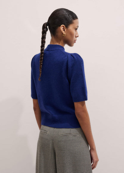 Blue Cashmere Zip Neck Pouf Sleeve Knit Tee | ME+EM Clothing